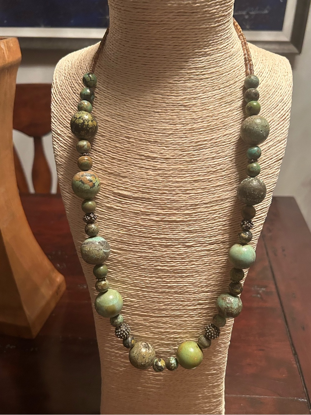 Long Natural Brown Matrix Turquoise Heishi Silver Bead Bohemian Necklace 30”